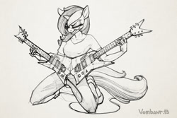 Size: 1280x853 | Tagged: safe, artist:vombavr, imported from derpibooru, lyra heartstrings, anthro, double guitar, guitar, monochrome