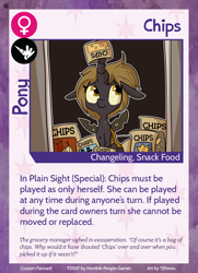 Size: 788x1088 | Tagged: safe, artist:tjpones, imported from derpibooru, oc, oc only, oc:chips, changeling, changeling queen, horse wife, twilight sparkle's secret shipfic folder, card, changeling oc, changeling queen oc, chips, disguise, female, potato chips, salt and vinegar chips, sitting, solo