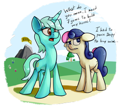 Size: 2449x2125 | Tagged: safe, artist:impcjcaesar, imported from derpibooru, bon bon, lyra heartstrings, sweetie drops, parasprite, bits, bon bon is not amused, comic, dialogue, floppy ears, gameloft, gameloft interpretation, implied derpy, ponyville