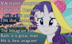 Size: 1094x668 | Tagged: safe, edit, edited screencap, imported from derpibooru, screencap, rarity, sweet and elite, anagram, caption, cropped, tabitha st. germain, text