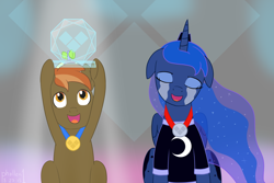 Size: 3000x2000 | Tagged: safe, artist:phallen1, imported from derpibooru, button mash, princess luna, gamer luna, clothes, crying, medal, newbie artist training grounds, smiling, t-shirt, tears of joy, trophy, video game championship