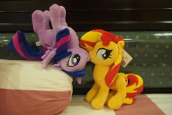 Size: 2544x1696 | Tagged: safe, artist:dynasty-dawn, imported from derpibooru, sunset shimmer, twilight sparkle, alicorn, pony, unicorn, female, irl, kissing, lesbian, photo, plushie, shipping, sunsetsparkle, twilight sparkle (alicorn)