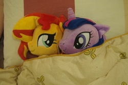 Size: 1095x730 | Tagged: safe, artist:dynasty-dawn, imported from derpibooru, sunset shimmer, twilight sparkle, pony, unicorn, bed, female, irl, lesbian, photo, plushie, shipping, sunsetsparkle