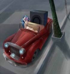 Size: 1024x1092 | Tagged: dead source, safe, artist:kora, imported from derpibooru, dj pon-3, vinyl scratch, car, female, solo