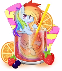 Size: 2008x2296 | Tagged: dead source, safe, artist:teranen, imported from derpibooru, rainbow dash, pegasus, pony, blueberry, candy, colored pupils, cup of pony, cute, drink, eye clipping through hair, female, food, glass, heart eyes, looking at you, mare, micro, popsicle, signature, solo, strawberry, tongue out, wingding eyes