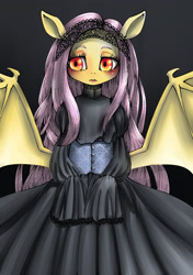 Size: 1748x2480 | Tagged: safe, artist:unousaya, imported from derpibooru, fluttershy, bat pony, pony, bat ponified, bipedal, clothes, dress, female, flutterbat, gothic, headdress, race swap, solo