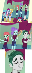 Size: 545x1239 | Tagged: safe, imported from derpibooru, screencap, crystal lullaby, indigo wreath, marco dafoy, melon mint, mystery mint, equestria girls, friendship games, animation error, background human, defeated, desperation, legs, losing, nose, smug, wreath's whys, yearbook