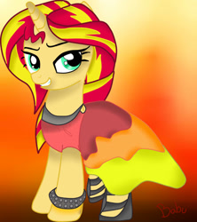 Size: 842x948 | Tagged: safe, artist:babu710, imported from derpibooru, sunset shimmer, pony, unicorn, clothes, dress, female, solo