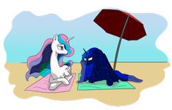 Size: 900x576 | Tagged: safe, artist:alloco, imported from derpibooru, princess celestia, princess luna, beach, umbrella