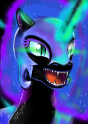 Size: 2480x3507 | Tagged: safe, artist:ojikiyowo, imported from derpibooru, nightmare moon, cute little fangs, female, glowing horn, solo