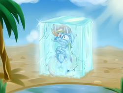 Size: 4000x3000 | Tagged: safe, artist:discorded, imported from derpibooru, rainbow dash, pegasus, pony, absurd resolution, belly button, bipedal, bondage, cold, desert, encasement, female, floppy ears, fluffy, freezing, frown, frozen, ice, mare, oasis, palm tree, shivering, solo, sunglasses, too cool, tree, wavy mouth, wide eyes