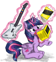 Size: 1244x1365 | Tagged: safe, artist:flutterthrash, imported from derpibooru, twilight sparkle, alicorn, pony, book, electric guitar, female, for dummies, guitar, guitar hero, magic, mare, musical instrument, rhythm game, solo, twilight sparkle (alicorn), you're doing it wrong