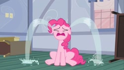 Size: 1366x768 | Tagged: safe, imported from derpibooru, screencap, pinkie pie, pony, baby cakes, season 2, crying, female, hub logo, mare, ocular gushers, out of character, sitting, solo, sugarcube corner, window