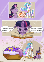 Size: 1500x2122 | Tagged: dead source, safe, artist:dsp2003, artist:mrs1989, imported from derpibooru, princess celestia, spike, twilight sparkle, comic:spike the messenger, baby, baby spike, book, comic, female, filly, filly twilight sparkle, levitation, magic, spike the messenger, telekinesis, younger