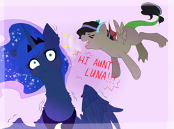 Size: 3000x2221 | Tagged: safe, artist:loure201, imported from derpibooru, princess luna, oc, oc:prince madsun, hybrid, interspecies offspring, offspring, parent:discord, parent:princess celestia, parents:dislestia, yelling