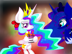 Size: 1600x1200 | Tagged: safe, artist:lovehtf421, imported from derpibooru, princess celestia, princess luna, pony, bipedal, birthday cake, cake, hair bow, smiling, unamused