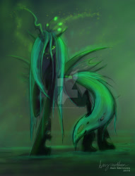 Size: 2487x3251 | Tagged: safe, artist:mad--munchkin, imported from derpibooru, queen chrysalis, changeling, changeling queen, fangs, female, looking at you, mare, raised hoof, smirk, solo