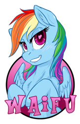 Size: 413x638 | Tagged: safe, artist:halley-valentine, artist:hobbes-maxwell, imported from derpibooru, rainbow dash, pegasus, pony, bedroom eyes, ear fluff, explicit source, female, heart eyes, mare, smiling, solo, waifu, waifu badge, wingding eyes