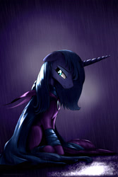Size: 2100x3150 | Tagged: safe, artist:zoarvek, imported from derpibooru, mare do well, princess luna, alicorn, pony, clothes, costume, female, frown, rain, s1 luna, sad, sitting, solo