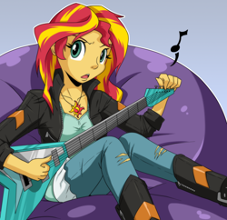 Size: 1280x1238 | Tagged: safe, artist:trakker, imported from derpibooru, sunset shimmer, equestria girls, electric guitar, female, frown, guitar, musical instrument, solo