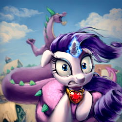 Size: 3000x3000 | Tagged: safe, artist:hunternif, imported from derpibooru, rarity, spike, pony, unicorn, secret of my excess, coils, depth of field, featured image, female, fire ruby, floppy ears, glowing horn, greed spike, gritted teeth, magic, necklace, ponyville, prehensile tail, scared, scene interpretation, selfie, spikezilla, tail hold, terrified, wide eyes, windswept mane