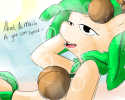Size: 1000x800 | Tagged: safe, artist:littlebrownzebraicarus, imported from derpibooru, oc, oc only, plant pony, bedroom eyes, coconut, coconut bikini, dialogue, looking at you, solo, sun, talking to viewer, tanning