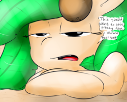 Size: 1000x800 | Tagged: safe, artist:littlebrownzebraicarus, imported from derpibooru, oc, oc only, original species, plant pony, coconut, dialogue, looking at you, solo, sun, talking to viewer, tanning, unamused, vulgar