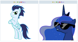 Size: 463x250 | Tagged: safe, imported from derpibooru, princess luna, soarin', pony, derpibooru, exploitable meme, juxtaposition, juxtaposition win, lip bite, meme, meta