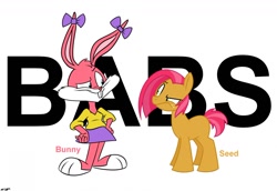 Size: 1280x879 | Tagged: safe, artist:mofetafrombrooklyn, imported from derpibooru, babs seed, earth pony, pony, rabbit, animal, babs bunny, crossover, name pun, namesake, pun, tiny toon adventures, visual pun