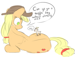 Size: 1139x869 | Tagged: safe, artist:nobody, imported from derpibooru, applejack, oc, oc:goatmod, goat, pony, :p, dialogue, frown, giant pony, glare, macro, on side, side, size difference, sketch, tongue out, wide eyes