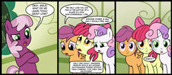 Size: 1500x656 | Tagged: safe, artist:madmax, imported from derpibooru, apple bloom, cheerilee, scootaloo, sweetie belle, earth pony, pegasus, pony, unicorn, hearts and hooves day (episode), 3 panel comic, anti-shipping, bipedal, bipedal leaning, breaking the fourth wall, bronybait, cmc learn their lesson, comic, cutie mark crusaders, exploitable meme, fourth wall, hearts and hooves day, leaning, looking at you, meme