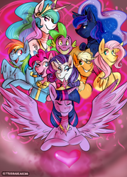 Size: 2500x3500 | Tagged: safe, artist:trishabeakens, imported from derpibooru, applejack, fluttershy, pinkie pie, princess celestia, princess luna, rainbow dash, rarity, spike, twilight sparkle, alicorn, dragon, earth pony, pegasus, pony, unicorn, big crown thingy, cowboy hat, eyes closed, female, freckles, hat, jewelry, lidded eyes, looking at you, male, mane seven, mane six, mare, one eye closed, open mouth, party horn, present, regalia, smiling, stetson, twilight sparkle (alicorn), wink