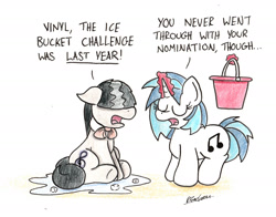 Size: 1826x1435 | Tagged: safe, artist:bobthedalek, imported from derpibooru, dj pon-3, octavia melody, vinyl scratch, earth pony, pony, unicorn, bucket, dialogue, duo, eyes closed, frown, hair over eyes, hidden eyes, ice bucket challenge, open mouth, puddle, text, traditional art, wet, wet bowtie, wet mane