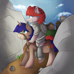 Size: 3000x3000 | Tagged: safe, artist:oddends, imported from derpibooru, oc, oc only, armor, building, cloud, cloudy, fantasy class, knight, ponies riding ponies, reins, riding, rock, saddle, smiling, warrior