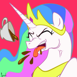 Size: 1000x1000 | Tagged: safe, artist:leek-cn, imported from derpibooru, princess celestia, pony, female, gagging, princess celestia hates tea, simple background, solo, spitting, tea, teacup, tongue out, vein, vein bulge