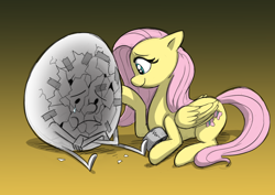 Size: 1208x853 | Tagged: safe, artist:mickeymonster, imported from derpibooru, fluttershy, :t, crossover, crying, cute, duct tape, egg, flumpty bumpty, frown, one night at flumpty's, petting, prone, sad, smiling