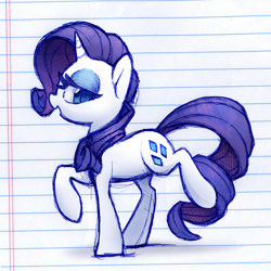 Size: 1500x1499 | Tagged: safe, artist:dawnfire, imported from derpibooru, rarity, colored pupils, doodle, female, lidded eyes, lined paper, looking back, open mouth, raised hoof, raised leg, shadow, smiling, solo, traditional art