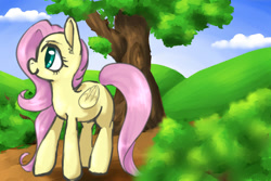 Size: 1200x800 | Tagged: safe, artist:whale, imported from derpibooru, fluttershy, cloud, cloudy, female, smiling, solo, tree