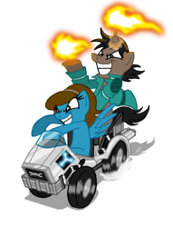 Size: 686x900 | Tagged: safe, artist:niban-destikim, imported from derpibooru, oc, oc only, oc:dameelizabeth, oc:niban-destikim, back to the future, crossover, delorean, fire, kart, mario kart, mario kart double dash, ponykart, ponysona, simple background, super mario bros., transparent background