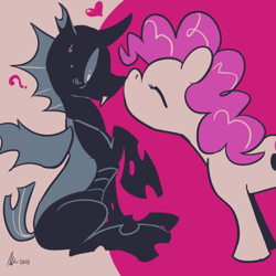 Size: 500x500 | Tagged: safe, artist:rwl, imported from derpibooru, doomie, pinkie pie, changeling, blushing, boop, confused, cute, diapinkes, doomie pie, eyes closed, female, heart, interspecies, limited palette, male, noseboop, question mark, shipping, straight, surprised, sweat, wide eyes