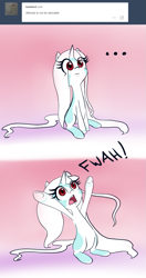 Size: 741x1401 | Tagged: safe, artist:celerypony, imported from derpibooru, oc, oc only, oc:celery, pony, unicorn, ..., ask, cute, fail, female, frown, mare, open mouth, sitting, solo, tumblr, underhoof, wide eyes