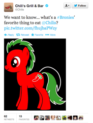 Size: 484x641 | Tagged: safe, imported from derpibooru, pony, pony creator, chili's, meta, ponified, solo, text, twitter