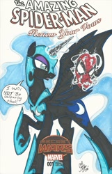 Size: 1024x1587 | Tagged: safe, artist:ponygoddess, imported from derpibooru, nightmare moon, cover, female, mask, solo, spider-man