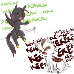 Size: 900x900 | Tagged: safe, artist:cold-blooded-twilight, imported from derpibooru, oc, oc only, bird pone, crow, pegasus, pony, behaving like a bird, belly fluff, blushing, caw, cheek fluff, chest fluff, cute, eyes closed, female, fluffy, flying, greentext, happy, kek, kookaburra, lidded eyes, mare, open mouth, ponified, raised eyebrow, simple background, sitting, smiling, spread wings, text, white background