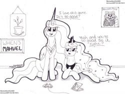 Size: 1481x1109 | Tagged: safe, artist:artistnjc, imported from derpibooru, princess celestia, princess luna, two best sisters play, alicorns, black and white, crossed hooves, determined, dialogue, ethereal mane, grayscale, monochrome, royal sisters, royalty, sarcasm, sitting, smiling, traditional art, two best friends play, video game