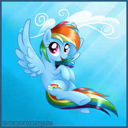 Size: 1200x1200 | Tagged: safe, artist:lifyen, imported from derpibooru, rainbow dash, pegasus, pony, cloud, female, flying, mare, open mouth, sky, solo, spread wings, wings