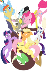 Size: 5652x8444 | Tagged: safe, artist:kired25, artist:mickeymonster, imported from derpibooru, applejack, discord, fluttershy, pinkie pie, rainbow dash, rarity, twilight sparkle, earth pony, pegasus, pony, unicorn, absurd resolution, cute, discute, eyes closed, female, freckles, gang hape, grin, gritted teeth, group hug, hape, hug, kissing, male, mane six, mare, non-consensual cuddling, one eye closed, raised eyebrow, resistance is futile, simple background, smiling, smirk, spread wings, squee, transparent background, vector, wide eyes, wink