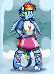 Size: 1800x2456 | Tagged: safe, artist:graphene, imported from derpibooru, rainbow dash, anthro, pegasus, unguligrade anthro, breasts, busty rainbow dash, clothes, equestria girls outfit, female, hand on hip, skirt, solo