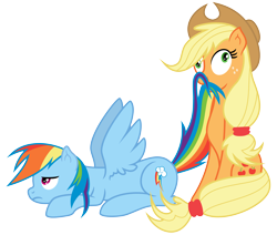 Size: 4250x3600 | Tagged: safe, artist:arcuswind, artist:pikamander2, imported from derpibooru, applejack, rainbow dash, pony, appledash, derp, female, frown, lesbian, mouth hold, nom, prone, shipping, silly, silly pony, simple background, sitting, spread wings, tail bite, taste the rainbow, transparent background, unamused, vector, who's a silly pony, wide eyes