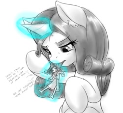 Size: 956x880 | Tagged: safe, artist:alloyrabbit, imported from derpibooru, rarity, human, pony, dialogue, ear fluff, giant pony, grayscale, hair styling, human ponidox, humanized, licking, macro, magic, monochrome, neo noir, partial color, size difference, telekinesis, tongue out